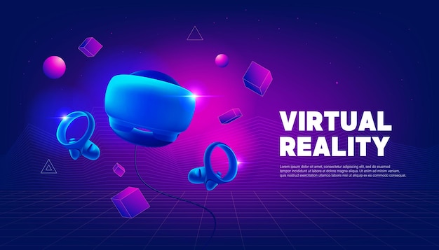 Virtual reality headset and controllers for gaming. VR helmet. Metaverse technology banner template.