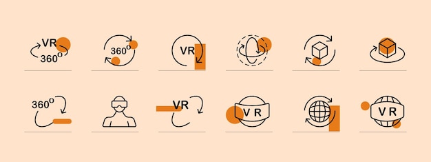 virtual reality icon set horizons games vr 360 helmet scrolling inspection pastel color background vector line icon for business and advertising