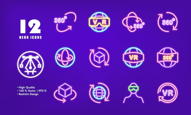 Virtual reality set icon Helmet vr glasses 360 degrees viewing angle circular arrow panorama 3d three dimensional cube gamer Metaverse concept Neon glow style Vector line icon for Business