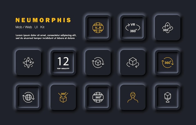 Virtual reality set icon VR glasses 360 degrees viewing angle view arrows zoom in and out Metaverse concept Neomorphism style Vector line icon for Business and Advertising