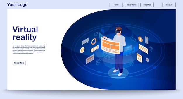 virtual reality ui webpage vector template with isometric illustration, landing page
