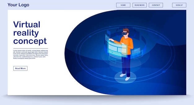 virtual reality webpage template with isometric illustration