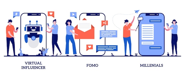 Virtuell influencer, FOMO, illustration av millennialsgenerationen med små människor