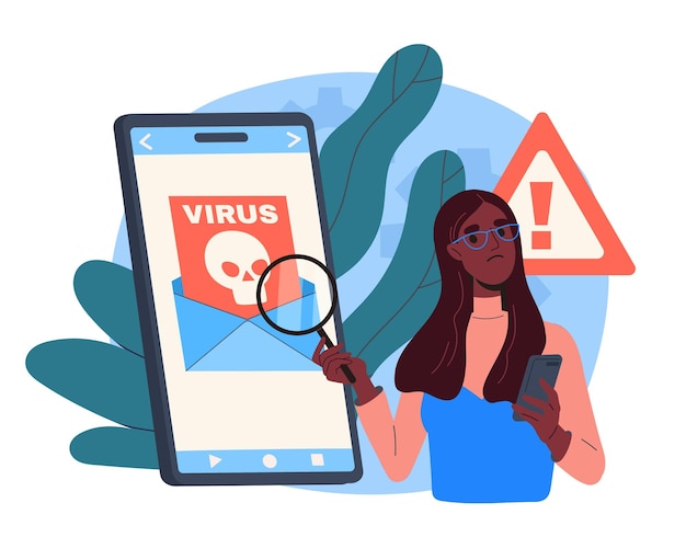 Virus in phone concept woman with magnifying glass near smartphone after hacker attack danger on