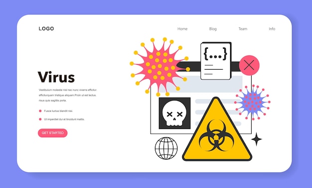 Virus web banner or landing page Malicious software computer malware Cyber attack or crime technology Hazard program causing damage within computer system Flat vector illustration