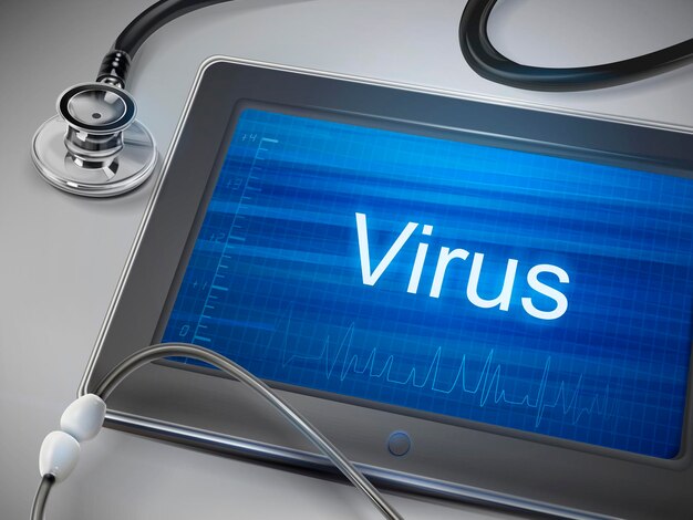 virus word displayed on tablet