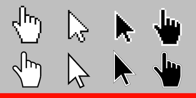 Vit pil och pekande handkursorsikonuppsättning Pixel och modern version av kursortecken