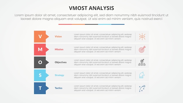 vmost analysis template infographic concept for slide presentation with rectangle stack callout badge header with 5 point list with flat style vector