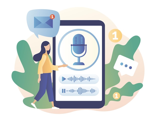voice messages concept tiny girl use microphone in smartphone to record message or talk to voice