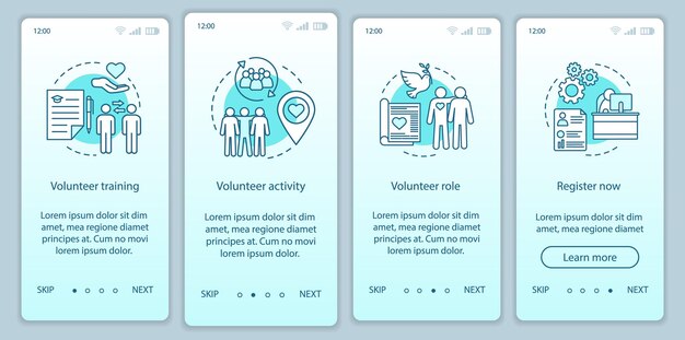volunteer becoming onboarding mobile app page screen vector template. humanitarian help. volunteer service walkthrough website steps with linear illustrations. ux, ui, gui smartphone interface concept