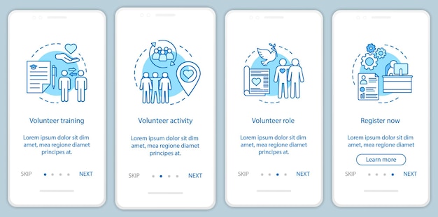 volunteer becoming onboarding mobile app page screen with linear concepts. humanitarian help. volunteer service walkthrough steps graphic instructions. ux, ui, gui vector template with illustrations