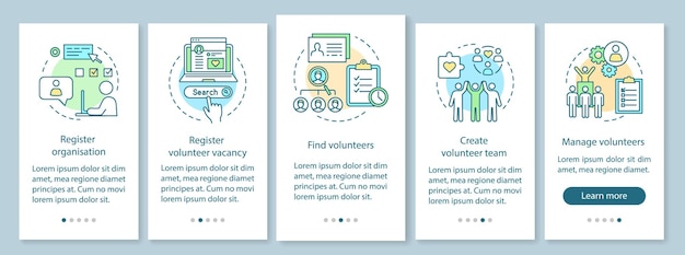 Volunteers finding onboarding mobile app page screen vector template. Humanitarian help. Volunteer program walkthrough website steps with linear illustrations. UX, UI, GUI smartphone interface concept