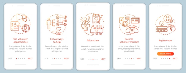 volunteers finding onboarding mobile app page screen with linear concepts. humanitarian help. volunteer program walkthrough steps graphic instructions. ux, ui, gui vector template with illustrations