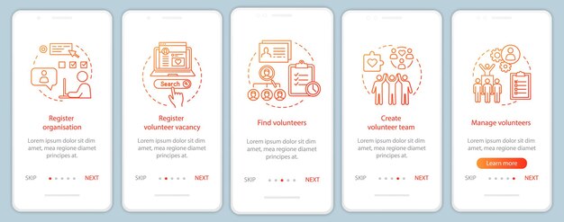 Volunteers finding onboarding mobile app page screen with linear concepts. Humanitarian help. Volunteer program walkthrough steps graphic instructions. UX, UI, GUI vector template with illustrations