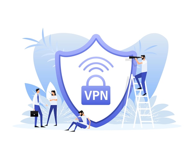 VPN platt blå säker badge på vit bakgrund Platt stil karaktärer
