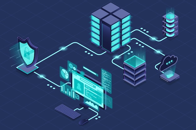 vpn protection with a shield virtual private network security technology concept cyber security isometric technology