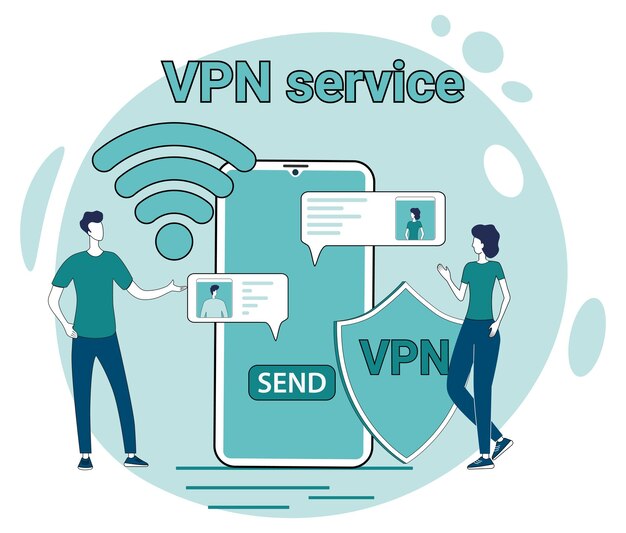 VPN service and social networks People a smartphone and a shield with a VPN symbol