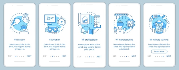 VR applying onboarding mobile app page screen with linear concepts. Virtual surgery, aviation, military, architecture walkthrough steps graphic instructions. UX, UI, GUI vector template with icons
