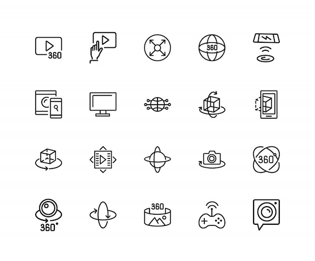 VR Device icons. Set of twenty line icons. Panoramic camera, screen, gaming.