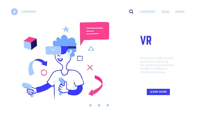 VR landing page Boy in virtual reality glasses plays digital games with joystick Website template Entertaining web service UI mockup with buttons and copy space vector interface