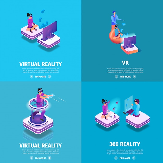 VR Square Banners Set with Gaming People Playing