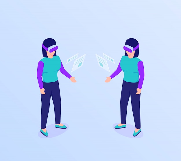 vr virtual reality glass concept with woman use to access data information with isometric flat style