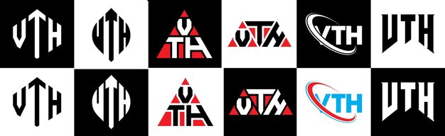 vth letter logo design in six style vth polygon circle triangle hexagon flat and simple style with black and white color variation letter logo set in one artboard vth minimalist and classic logo
