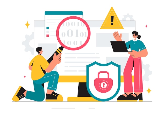 Vulnerability and Threat Management Solutions Vector Illustration featuring Data Breach Security Attack Hacker Fraud and Coding Issues in background