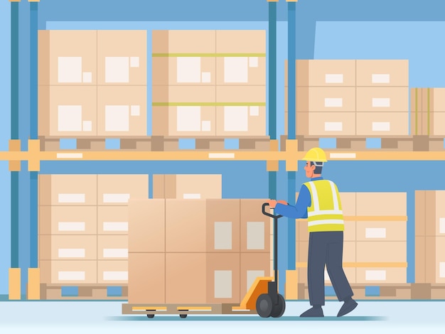 Warehouse worker man in a helmet towing hand fork lifter with boxes on pallet _ai_generated