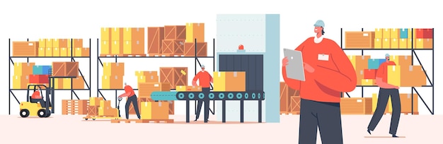 Warehouse Workers Characters Loading, Stacking Goods use Lifters and Forklift. Accounting and Packing Cargo on Conveyor Belt. Industrial Logistics, Merchandising. Cartoon People Vector Illustration