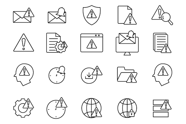 warning and notification icon set warning notification system error network error secured network etc line icon style design Simple vector design editable