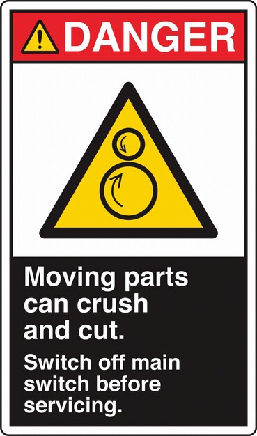 Warning Signs Counter rotating Rollers Moving Parts Can Crush And Cut Switch Off Main Switch Before