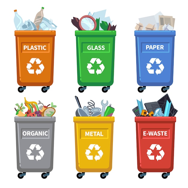 Waste bin categories. Trash recycle, separating garbage containers. Organic paper plastic glass metal mixed waste vector chart