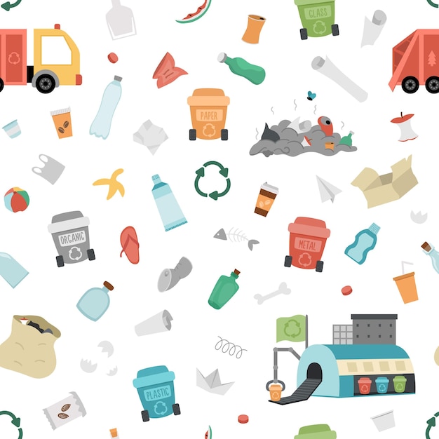 Waste recycling and sorting seamless pattern Vector ecological repeat background for kids Earth day digital paper with rubbish bins plastic glass organic paper garbage recycle plantxA