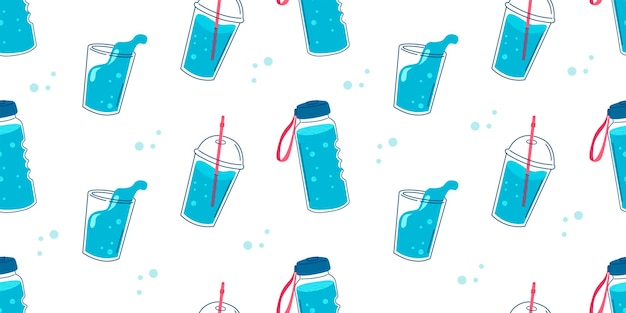 Water drinks seamless pattern Water in glass plastic bottle thermos Background for banner