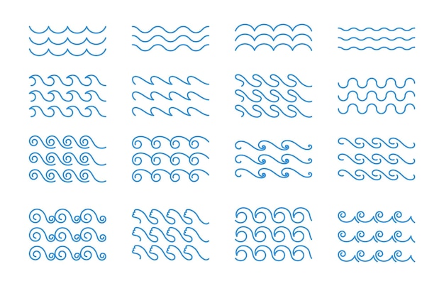 Water waves Wavy line border Doodle curved river sea ocean wave icon Seamless nautical wiggly sign Decorative curly horizontal shape outline liquid elements Vector set