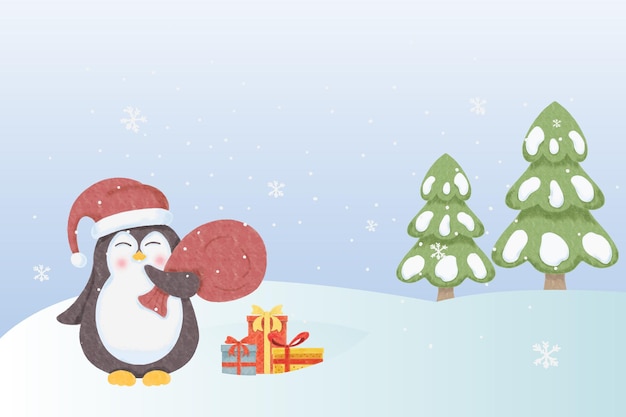 Watercolor cute penguin bring a gifts merry christmas background