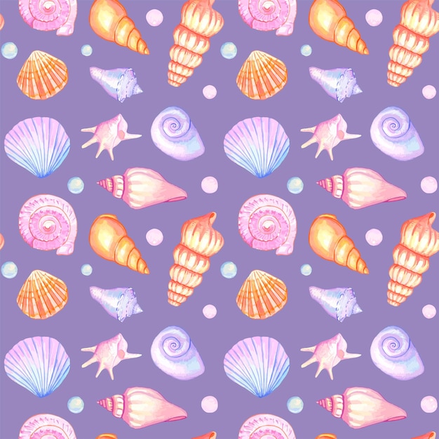 watercolor sea seamless pattern with seashells
