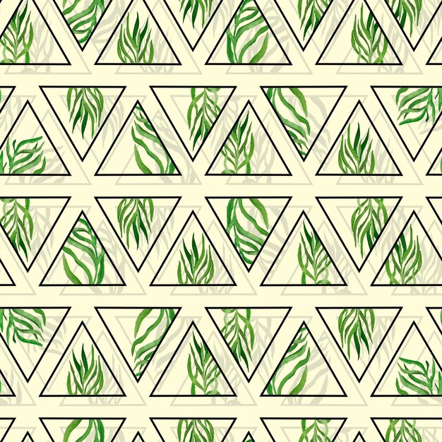 watercolor twigs with leaves in triangles frames geometric vector seamless pattern