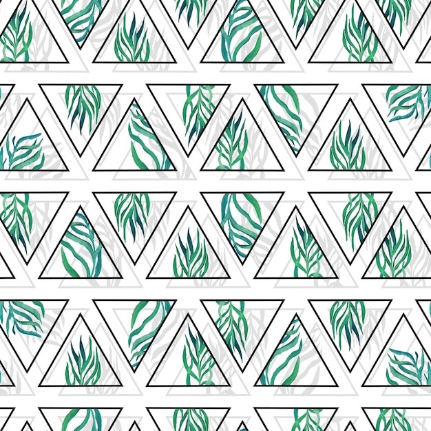 watercolor twigs with leaves in triangles frames geometric vector seamless pattern