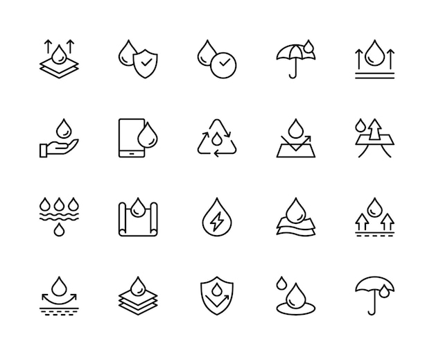 waterproof related vector linear icons set contains such icons as splashproof rainproof protection moisture drop and more
