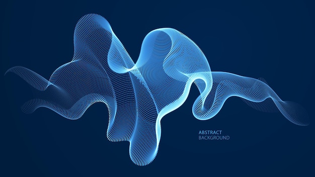 Wave line of flowing particles over dark abstract vector background, smooth curvy shape shining dots fluid array. 3d dots blended mesh, future technology relaxing wallpaper.
