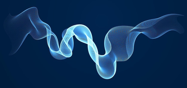 wave line of flowing particles over dark abstract vector background, smooth curvy shape shining dots fluid array. 3d dots blended mesh, future technology relaxing wallpaper.