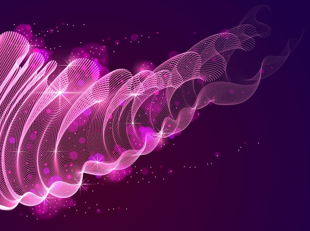 wave of flowing magic particles over dark relaxing illustration, transparent tulle textile on wind. round dots vector abstract background. beautiful wave shaped array of blended points.