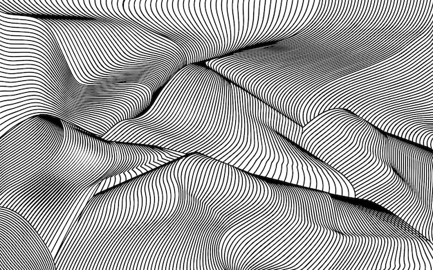 Waved abstract background curled black lines composition