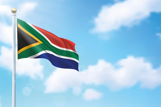 Waving flag of South Africa on sky background Template for independence day poster design