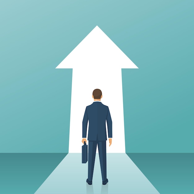 Way forward concept. Businessman in suit stands in front of an arrow ahead. Look into future. Business metaphor. Direction to achieve goal. Vector illustration flat design. Isolated on background.