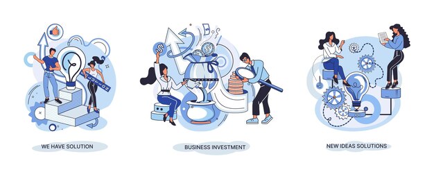 We have solution metaphor business investment new ideas solution scenes set Teamwork and brainstorming Team and new startup Leadership and financial activities Concept joint search for new ideas