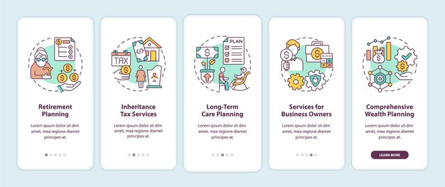wealth management services onboarding mobile app page screen with concepts