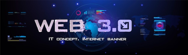 Web 3.0-internetteknologier og -kommunikation. Globalt verdensomspændende internetnetværk af fremtidens konceptuelle cyberbanner med globus. Udveksling af oplysninger via den nye generation af internettet